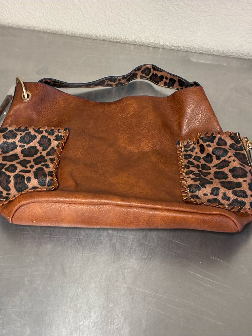 Source Unknown Brown Shoulder Bag with Leopard Accent